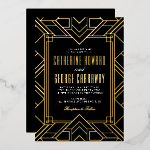 Black and Gold Geometric Gatsby Wedding Folie Uitnodiging