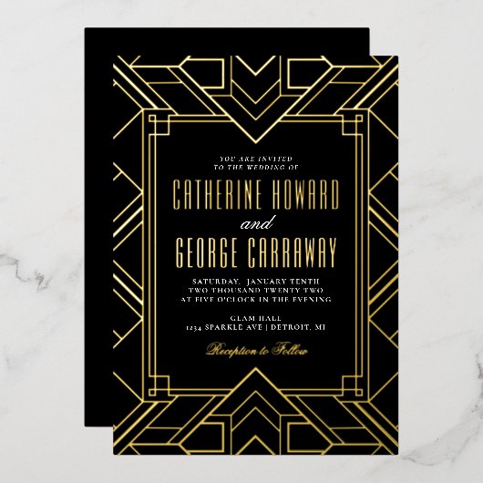 Black and Gold Geometric Gatsby Wedding Folie Uitnodiging (Voorkant / Achterkant)