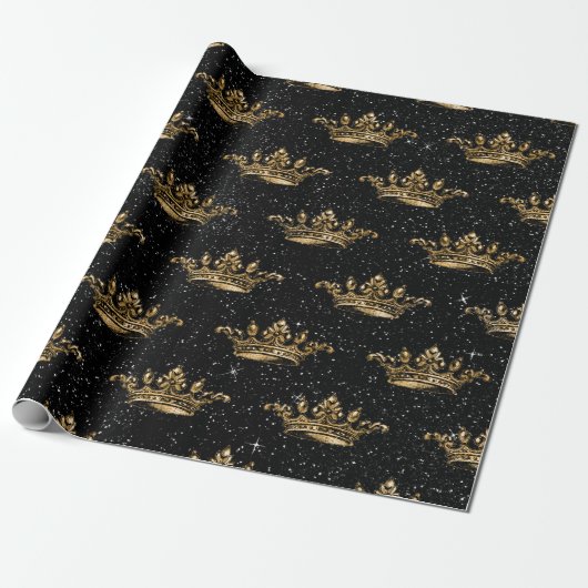 Black and Gold Glam Crown Pattern Cadeaupapier (Uitgerold)