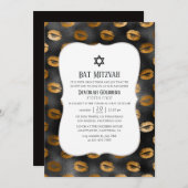 Black and Gold Glam Lips Pattern Bat Mitzvah Kaart (Voorkant / Achterkant)