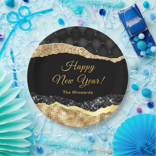 Black and Gold Glam Tranen Gelukkig Nieuwjaar Papieren Bordje (Feest)