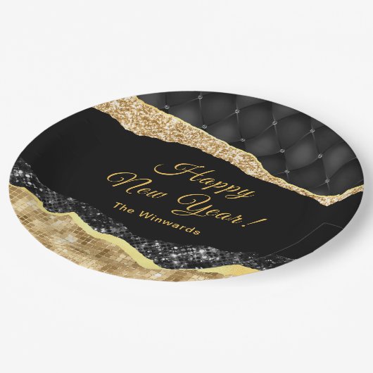 Black and Gold Glam Tranen Gelukkig Nieuwjaar Papieren Bordje (Gekanteld)
