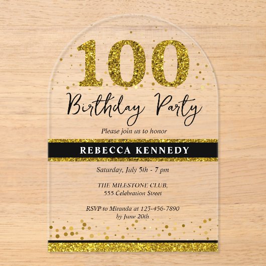 Black and Gold Glitter 100ste verjaardagsfeest Acryl Uitnodigingen (Voorkant)