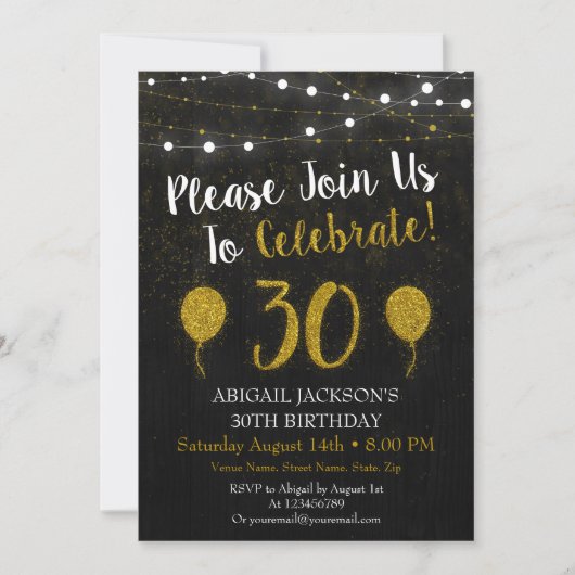Black and Gold Glitter 30th Birthday Invitation Kaart (Voorkant)
