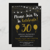 Black and Gold Glitter 30th Birthday Invitation Kaart (Voorkant / Achterkant)
