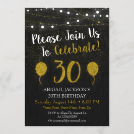 Black and Gold Glitter 30th Birthday Invitation Kaart