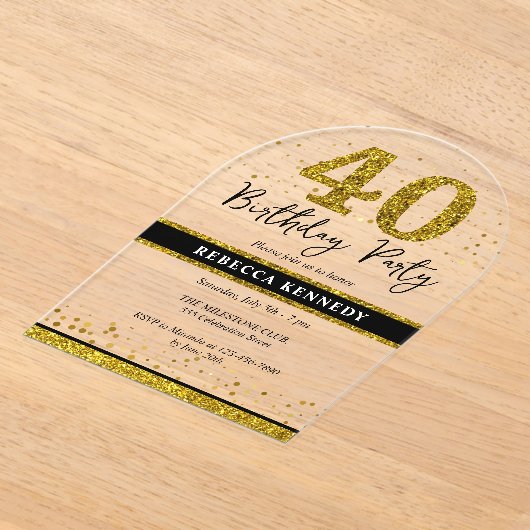 Black and Gold Glitter 40e verjaardag Acryl Uitnodigingen (Laagn)