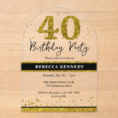 Black and Gold Glitter 40e verjaardag Acryl Uitnodigingen (Voorkant)