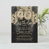 Black and Gold Glitter 40th Birthday Invitation Kaart (Staand voorkant)