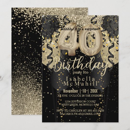 Black and Gold Glitter 40th Birthday Invitation Kaart (Voorkant / Achterkant)