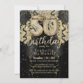 Black and Gold Glitter 50th Birthday Invitation Kaart (Voorkant)