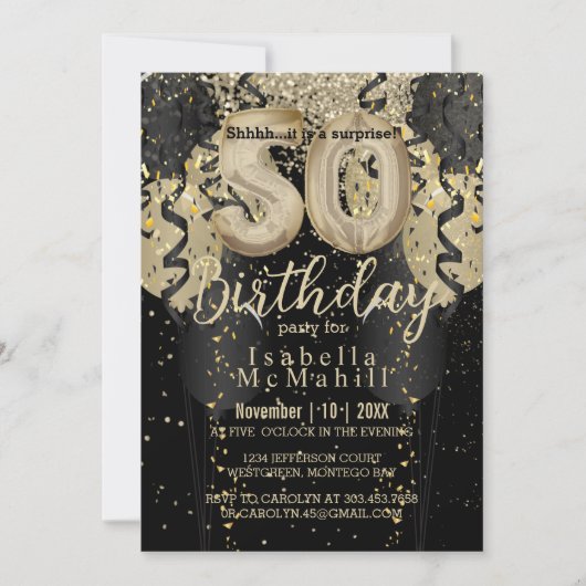 Black and Gold Glitter 50th Birthday Invitation Kaart (Voorkant)