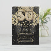 Black and Gold Glitter 50th Birthday Invitation Kaart (Staand voorkant)