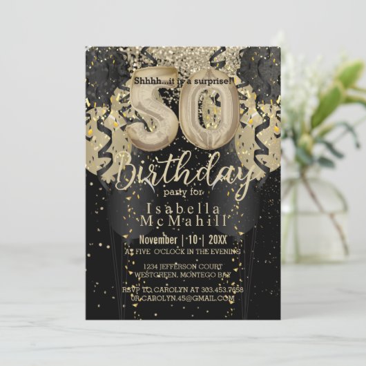 Black and Gold Glitter 50th Birthday Invitation Kaart (Staand voorkant)