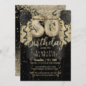 Black and Gold Glitter 50th Birthday Invitation Kaart (Voorkant / Achterkant)