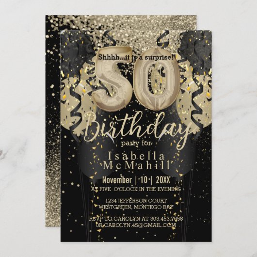 Black and Gold Glitter 50th Birthday Invitation Kaart (Voorkant / Achterkant)