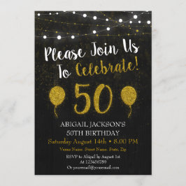 Black and Gold Glitter 50th Birthday Invitation Kaart