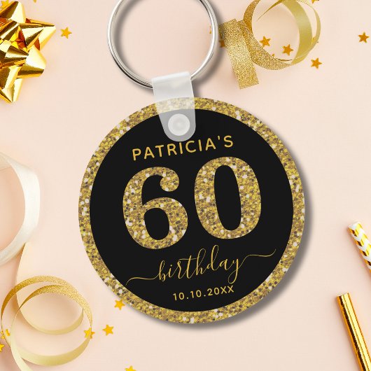 Black And Gold Glitter 60th Birthday Party Favor   Sleutelhanger
