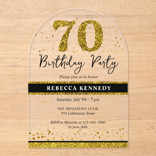 Black and Gold Glitter 70e verjaardag Acryl Uitnodigingen (Voorkant)