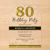 Black and Gold Glitter 80e verjaardagsfeestje Acryl Uitnodigingen (Voorkant)