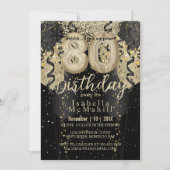 Black and Gold Glitter 80th Birthday Invitation Kaart (Voorkant)