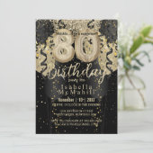 Black and Gold Glitter 80th Birthday Invitation Kaart (Staand voorkant)