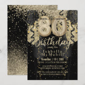 Black and Gold Glitter 80th Birthday Invitation Kaart (Voorkant / Achterkant)