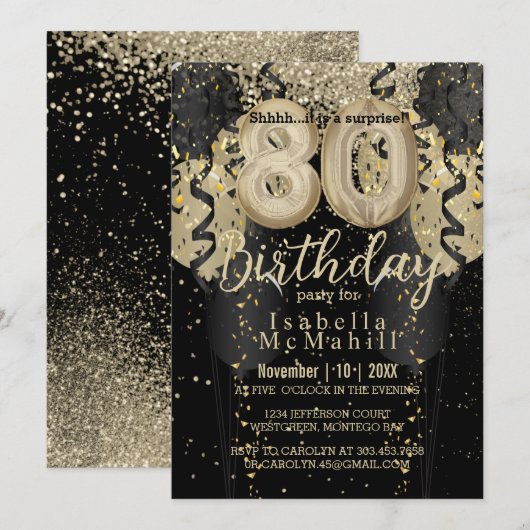 Black and Gold Glitter 80th Birthday Invitation Kaart (Voorkant / Achterkant)