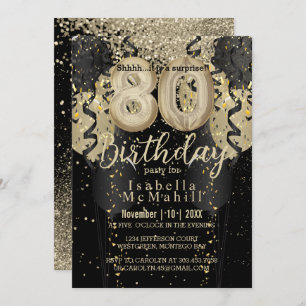 Black and Gold Glitter 80th Birthday Invitation Kaart