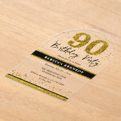 Black and Gold Glitter 90ste verjaardagsfeestje Acryl Uitnodigingen (Laagn)