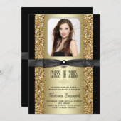 Black and Gold Glitter Afstudeeraankondigingen Kaart (Voorkant / Achterkant)