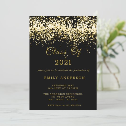 Black and Gold Glitter Afstuderen 2021 Kaart (Staand voorkant)
