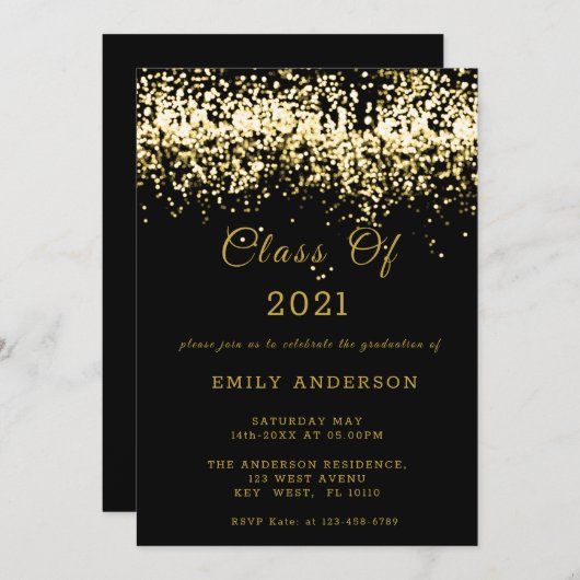 Black and Gold Glitter Afstuderen 2021 Kaart (Voorkant / Achterkant)