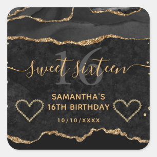 Black and Gold Glitter Agate Marble Sweet 16 Vierkante Sticker