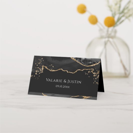 Black and Gold Glitter Agate Wedding Place Card Plaatskaartje (Voorkant)