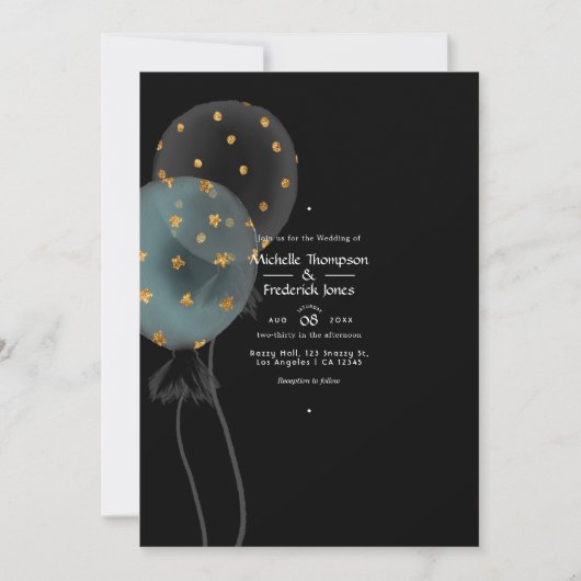 Black and Gold Glitter Balloon Wedding Kaart (Voorkant)
