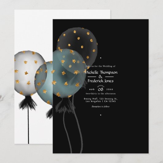 Black and Gold Glitter Balloon Wedding Kaart (Voorkant / Achterkant)
