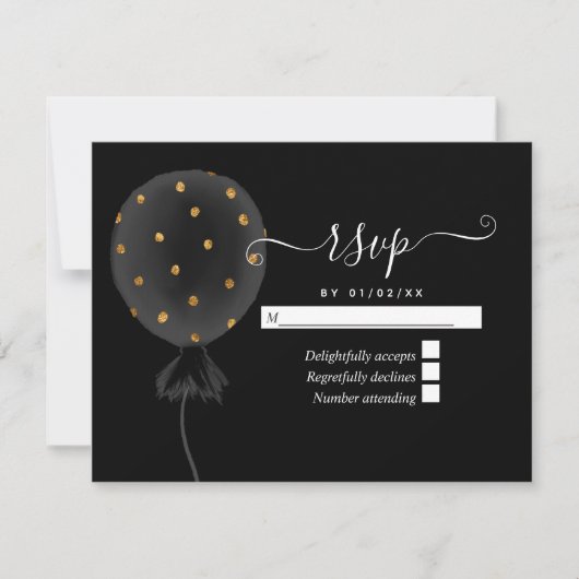 Black and Gold Glitter Balloon Wedding RSVP Kaartje (Voorkant)