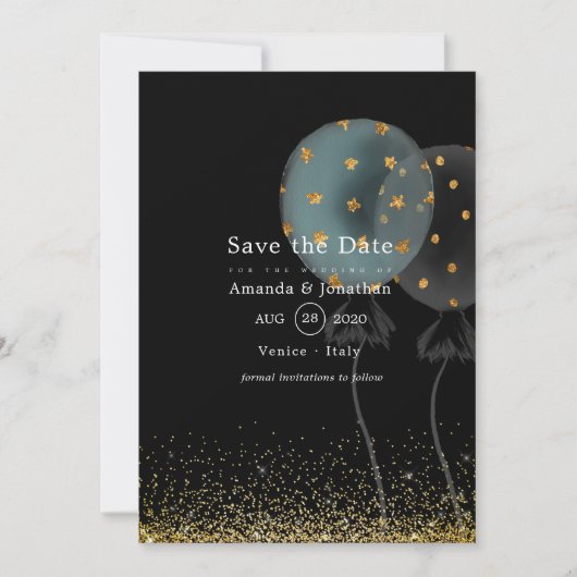 Black and Gold Glitter Balloon Wedding Save The Date (Voorkant)