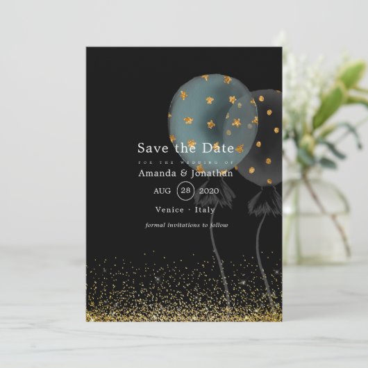 Black and Gold Glitter Balloon Wedding Save The Date (Staand voorkant)