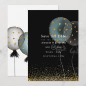 Black and Gold Glitter Balloon Wedding Save The Date (Voorkant / Achterkant)