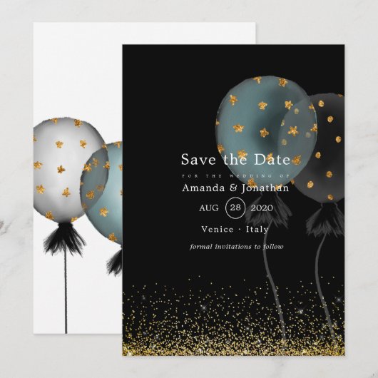 Black and Gold Glitter Balloon Wedding Save The Date (Voorkant / Achterkant)