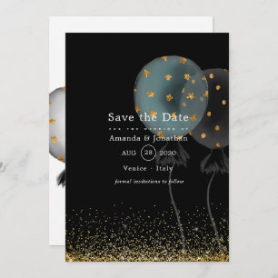 Black and Gold Glitter Balloon Wedding Save The Date