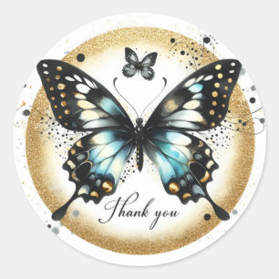 Black and Gold Glitter Butterfly - Dank u - Ronde Sticker