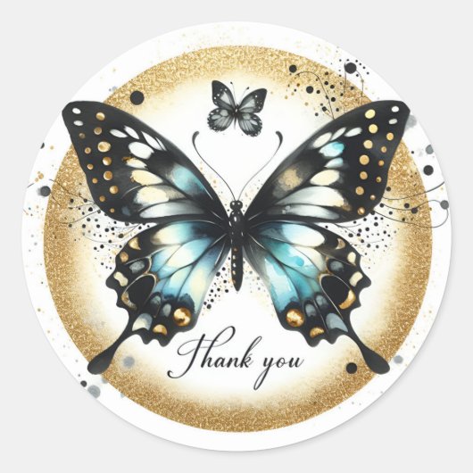 Black and Gold Glitter Butterfly - Dank u - Ronde Sticker (Voorkant)