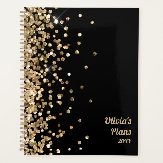 Black and Gold Glitter Custom Planner | Name Year (Voorkant)