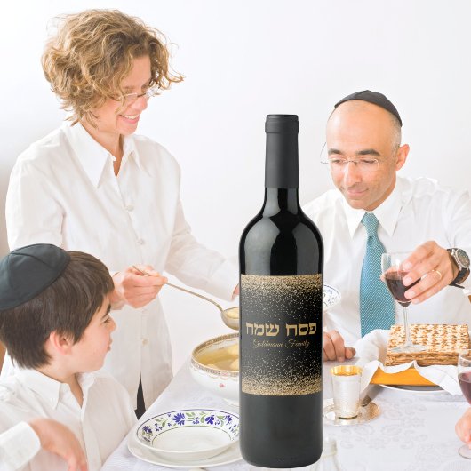 Black and Gold Glitter Jewish Pesach Passover Wijn Etiket