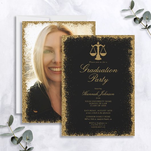Black and Gold Glitter Law School Foto Afstuderen Kaart