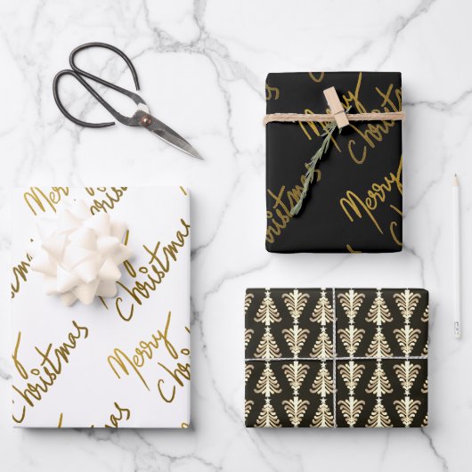 Black and Gold Glitter Merry-kersttypografie Inpakpapier Vel (Voorkant)