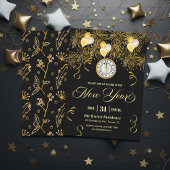 Black and Gold Glitter New Year's Eve Party  Kaart